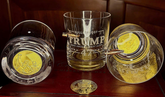 Limited Edition Luxury Rare 2 in 1 President Trump Memorabilia Coin and Bullet Embedded Whiskey Glass